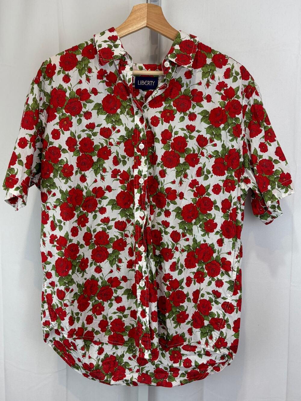 LIBERTY Vtg Tana Lawn Carline Rose Floral Button Up Shirt Short Sleeve Red US 14
